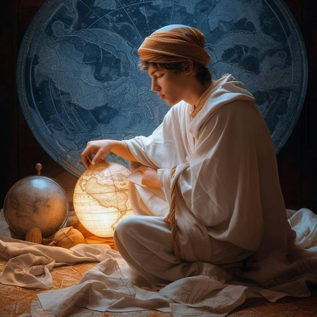 Un enfant en robe assis dans une pièce avec à côté de lui un globe terrestre allumé.